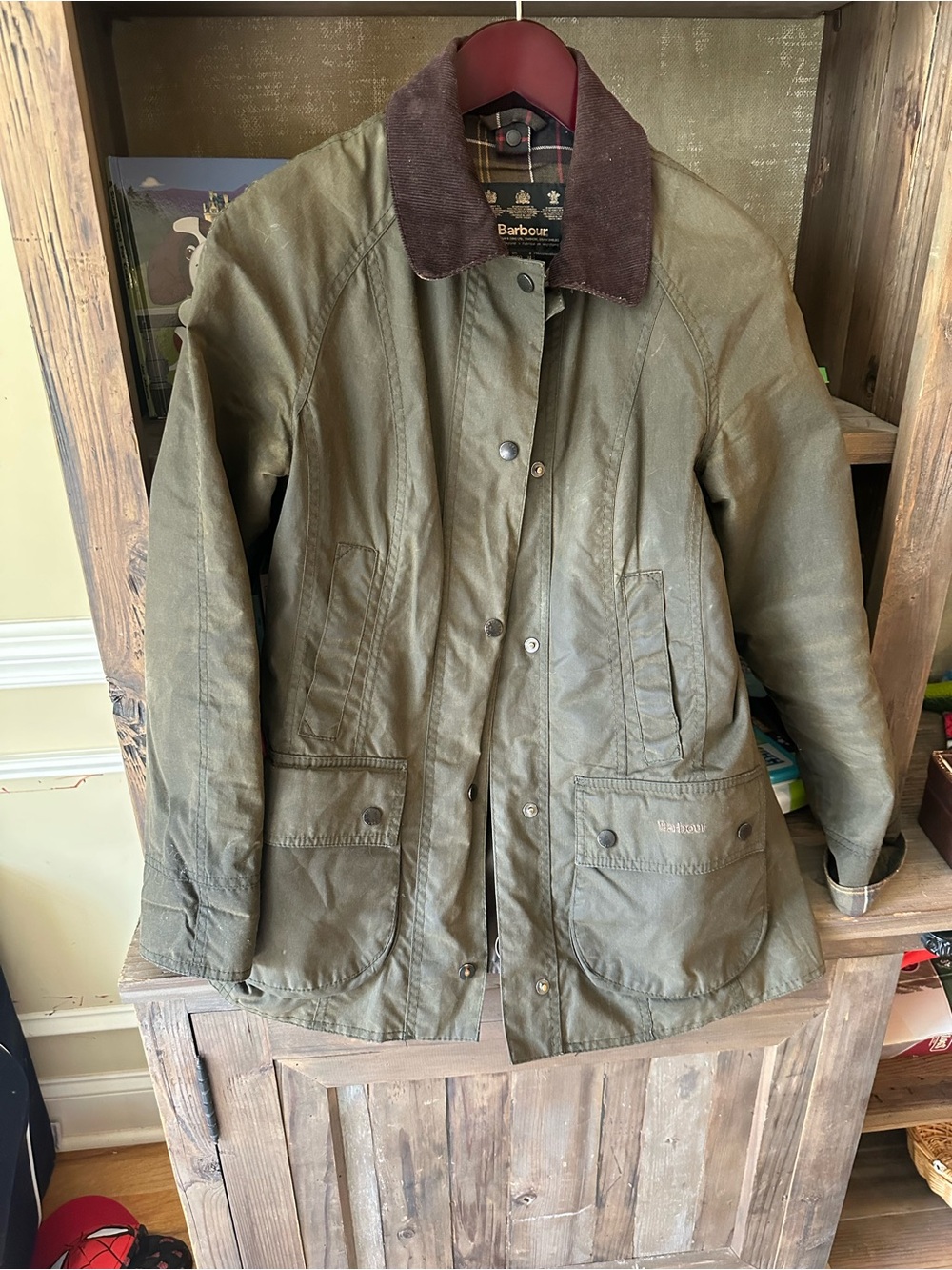 Barbour Olive Green Waxed Utility Jacket with Brown Cord Collar